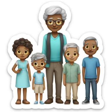 Create a family emoji with a grandma grandfather 2 adult daughters 2 adult sons son in law 12 yr old boy 10 yr old boy 7yr old girl 5 yr old girl 3 cats tortishell colour and a labrad sticker