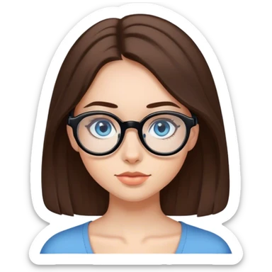 girl with medium-length brown hair, fair skin and blue eyes in black rounded glasses sticker
