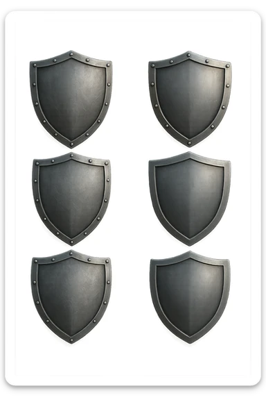 6 scudi che simboleggiano "difesa e protezione", realistici in 3d fluttuano in aria, iperrealistico 4k sticker