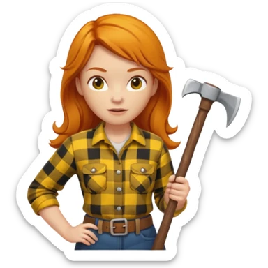 ginger lumberjack woman holding axe yellow checked shirt sticker