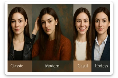 portrait of a young woman with long straight brown hair, different styles sticker