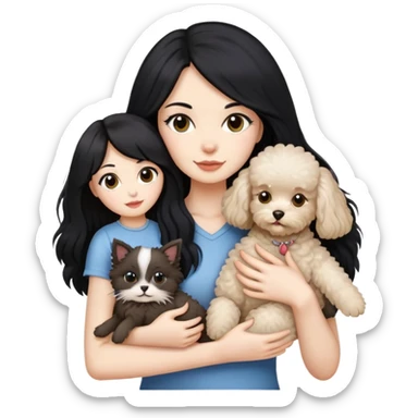 Lady with long black hair, holding 2 animals -a Ragdoll cat and a small poodle dog sticker