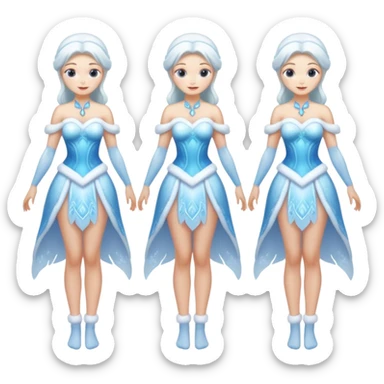 Four images of the same ice Snow Maiden character with two arms and two legs: front view, back view, side view, three-quarter view. Full body, translucent ice, winter fairy tale style, consistent design, clean anatomy. sticker