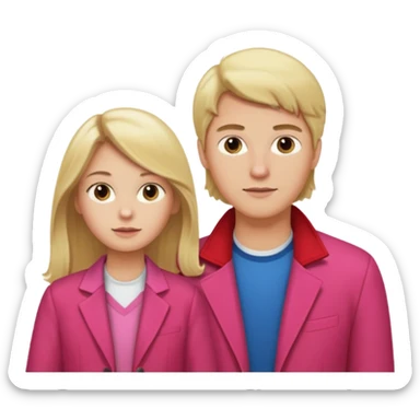 Mulher loira usando blusa rosa e seu filho, um garoto de cabelo castanho comprido usando uma jaqueta vermelha  sticker