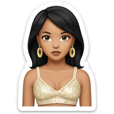 LeToya Luckett with long black hair, ivory sequin crop top, ivory earring sticker