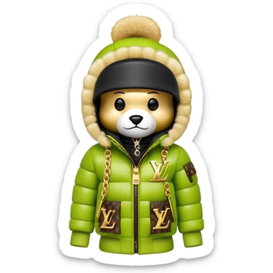 traditional cube-shaped bearbrick toy with squared head, lime balaclava with graffiti logos and integrated dark visor shield, Louis Vuitton monogram puffer jacket with plush fur hood trim, gold chains sticker