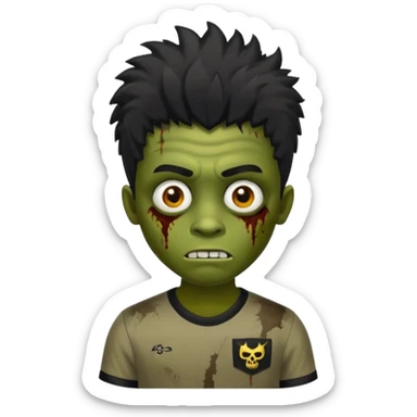 crie um zumbi menino bonito, com aparencia jovem igual, com cabelo preto, curto, com franja, o estilo do cabelo do zumbi seria o mesmo dos meninos de cabelo liso bagunçado do pinterest, faça ele com uma camisa preta sticker