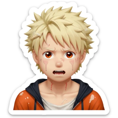 Katsuki Bakugo’s face showing physical delight and a blushed face with white glue splattered around his mouth With lots of drool. His eyes are rolled back with his eyebrows tilted back sticker