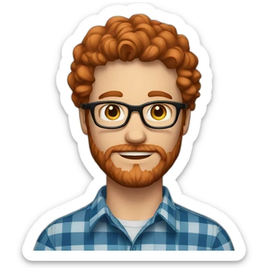 man around 25 with blue eyes with redhead short mid-curly hair. with beard and glasses. scarlet checked shirt sticker