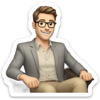 Joyful Celebrating victory Hands up Pale skinned Fit Man With dark brown hair in gray jacket, beige office shirt, Brown pants and vintage glasses sitting In a soft chair sticker