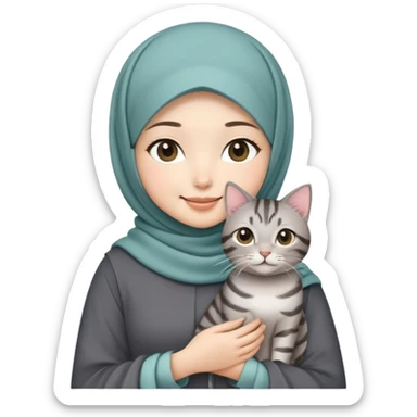 Asian White girl wearing cute hijab holding a black grey tabby cat while standing smiling.  sticker