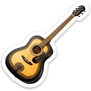 acoustic sunrise color guitar with black lacy-details and engraved small black music notes sticker