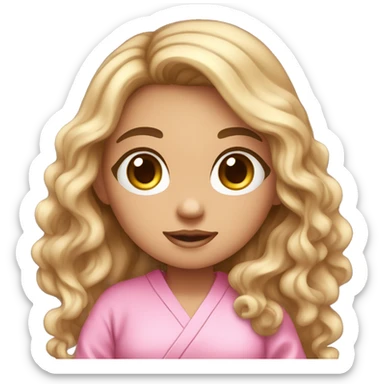 emoji reaction very cute female with long dark brown wavy hair and very large eyelashes with big eyes and cute with little body wearing a pink robe and holding a shampoo in her hand sticker