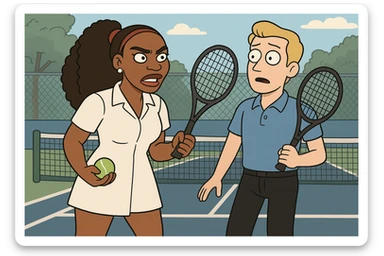 Serena Williams white shirt dress tennis racket one ball tennis a man dark yellow hair blue shirt black trousers tennis racket tennis court background  sticker