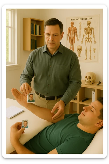 a middle-aged man, dressed in casual professional attire, is in a bright, organized therapy studio. Durante una visita di kinesiologia, il ragazzo tiene con una mano la foto di una persona lontana (il “testimone”) tiene la foto in mano, mentre con l’altra mano esegue un test muscolare su un cliente presente senza foto lui non tiene la foto. Sullo sfondo si vedono libri di kinesiologia, poster anatomici e strumenti tipici della disciplina. L’atmosfera è concentrata e serena, con luce naturale che entra dalla finestra, sottolineando l’aspetto alternativo e umano della pratica. sticker