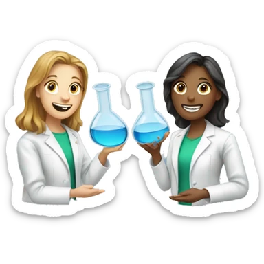  two scientists girls holding one clear glass chemistry sticker