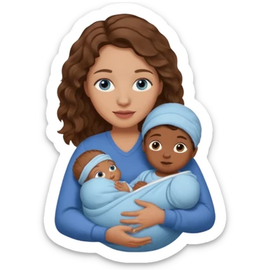 Mom with blue eyes and wavy hair carrying brown skinned newborn baby sticker
