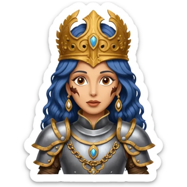realistic cinematic actress Cher in baroque styling with dirty damaged armor in a forest sticker