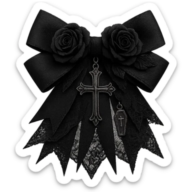 Edit the image to depict a black gothic bow with layered ribbons, a cross pendant, black rose accents, and a tiny coffin charm. The background should be removed. Maintain a gothic style with layered textures, floral accents, and symbolic charms for a dark, elegant appearance. sticker