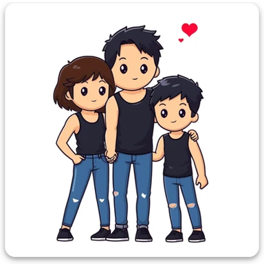 A girl with long brown hair holding the hand of a boy with short black hair, she wearing a black tank top with flared blue jeans, he wearing a black t-shirt with grey jeans, couple in love sticker