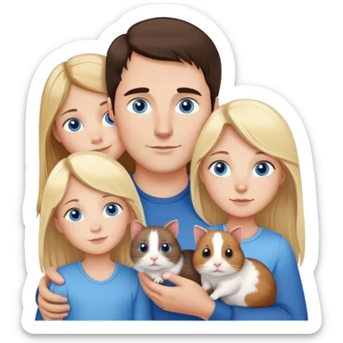 Family portrait with father with dark brown hair and blue eyes, mother with light brown hair and blue eyes, three blonde little girls with blue eyes, plus a cat and two guinea pigs sticker