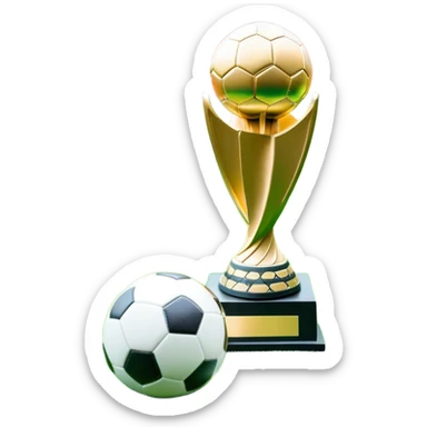 A football resting on the green grass of a soccer field, with goalposts and field markings in the background. In the foreground, the UEFA World Cup trophy gleams, symbolizing the pinnacle of football achievement, adding an element of prestige and competition to the scene. sticker