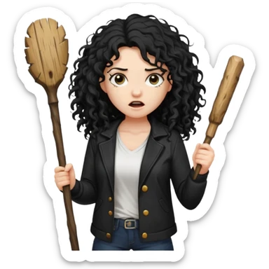 Hey, please generate me an emoji that depicts a woman white skin long black curly disheveled hair slightly thicker, she is wearing a white T-shirt and a black unbuttoned jacket she is furious she is holding a large wooden stick from a tree in her hands sticker