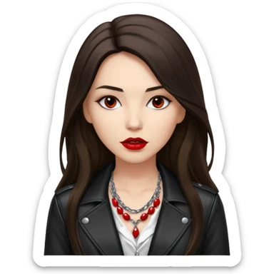 brunette with very long hair in black cuir jacket with red lips and very dark brown eyes and white shirt and mysterious necklace sticker
