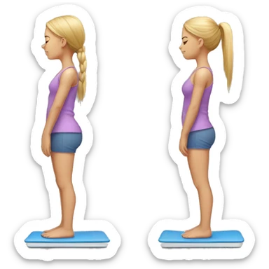 Side view of a girl standing on a bathroom scale, looking down, wearing yoga clothes sticker