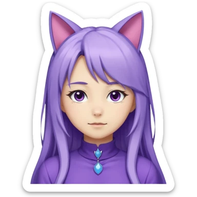 female anime character with long periwinkle hair and cat ears on her head. She is wearing a purple outfit with a high neckline and long sleeves.  sticker