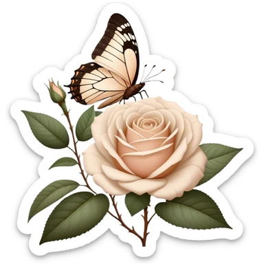 white Ascott tea rose next to a beige aesthetic vintage style leaf and a brown beautiful butterfly sticker