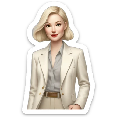 pale skin woman with ash blonde Straightened bob Hair, White Spacious classical jacket, beige palazzo Arrow pants and gray blouse holding white IPhone 15 pro in the hands sticker