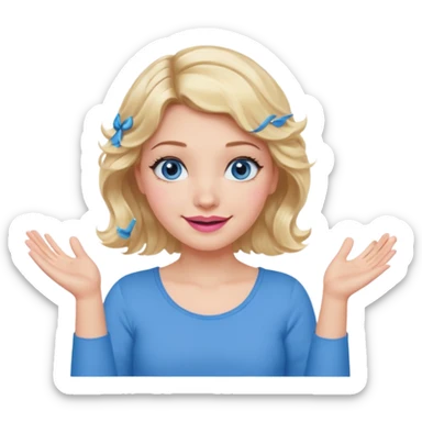 Girl Blonde short wavy hair,  blue eyes, cute blue top, long lashes, pink lips, smiling, shrugging hands raised sticker