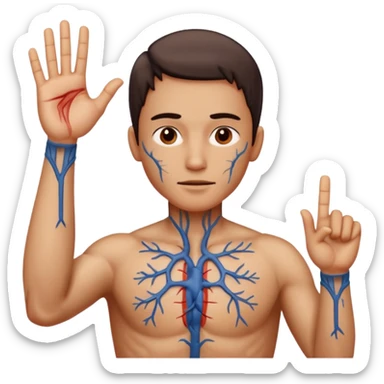 Illustrate Thing with detailed veins & stitches, posed upright giving a gesture. sticker