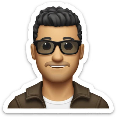 A tanned handsome white man with black short hair, dark glasses and a small beard, a small mohawk hairstyle sticker