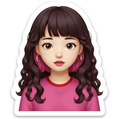Korean girl, red top, black brown hair, brown eyes, long curly hair, aesthetic, long hair, hime cut, blunt bangs, pink lip, Cool girl sticker