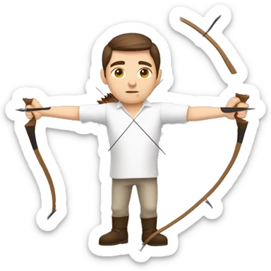 a male archer aiming with a bow facing  his target, eyes closed, wearing a white shirt, very short brown hair, bright skin, only show upper part of the body from waist up sticker
