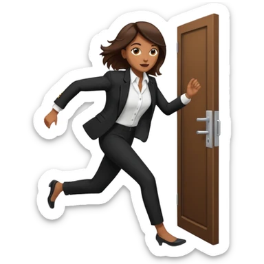brown skinned female in business attire running out of door sticker