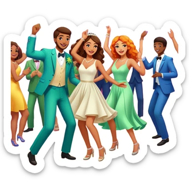 Wedding guests dancing on dance floor with cannabis, colorful party atmosphere, disco lights, cheerful cartoon style sticker