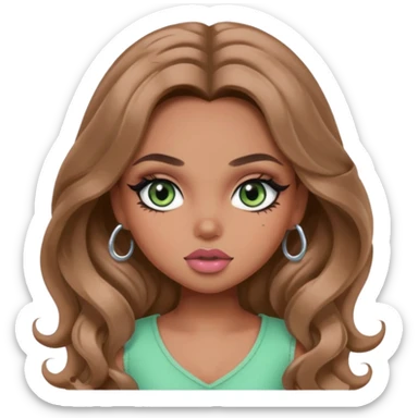  long wavy brown hair, light tan skin, light green eyes, pretty bratz baddie, black eyeliner, blush sticker