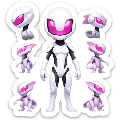 White, Chibi-style, White body, Anthro-Sona-Lizard-Alien-Salazzle-Mew-Mewtwo-Fakémon, with pink eyes, with a futuristic visor-helmet, wearing a techwear-suit, Full Body sticker