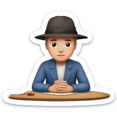 apple style emoji of a man sitting sadly at a table, a house burning behind him sticker