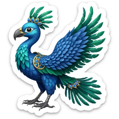 quetzalcoatlas, mythical bird with emerald and blue feathers, holding a small world in its talons sticker