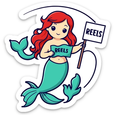 mermaid with red hair holds a sign with the word reels sticker