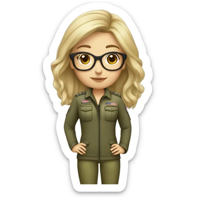 girl, 30 year, blondish/greyish, glasses with small frame, full body, army, with dog sticker