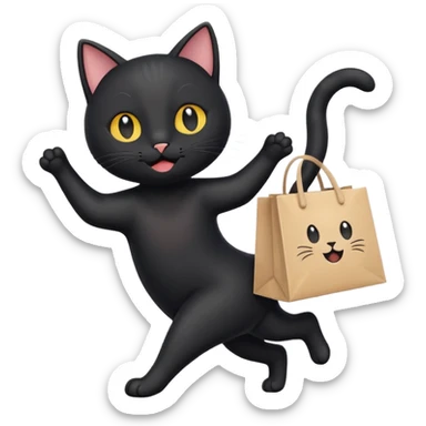 A cute black cat standing on two legs, happily running while holding a shopping bag. Minimalist emoji style, clean vector look, soft colors, rounded shapes, and expressive face sticker