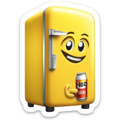 A 3D yellow mini fridge in emoji style, inspired by the sleek design of a Smeg fridge. The fridge door is slightly open, revealing a few beer cans inside. Add only two eyes on the fridge door for a mascot-like touch. Clean and minimalistic aesthetic. sticker