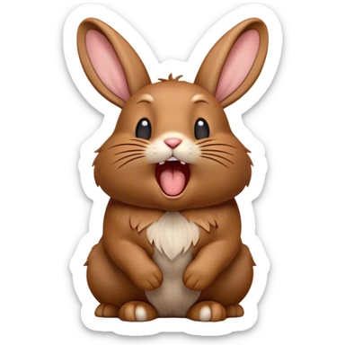 Cinematic Cute Yawning Brown Rabbit Portrait Emoji, Head tilted slightly with a dramatic, wide-open yawn, showcasing a smooth, rich brown fur with floppy ears, round brown eyes barely open in drowsy contentment, Simplified yet irresistibly adorable features, highly detailed, glowing with a soft, cozy glow, high shine, relaxed yet expressive, stylized with a touch of whimsy, bright and endearing, soft glowing outline, capturing the essence of a sleepy yet affectionate bunny, so drowsy it feels like it could stretch out of the screen and curl up for a nap! sticker