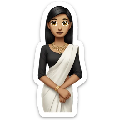 hair straight, black hair, white face colour, slender face, wearing a trendy saree and accessories, full body, sharp jawline, edgy sticker