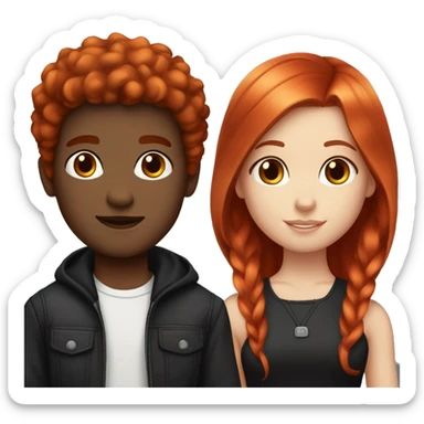 "A fair-skinned girl with vibrant red hair and a fair-skinned boy with jet-black hair. Both have distinct, striking features that highlight their white complexion and contrasting hair colors." sticker